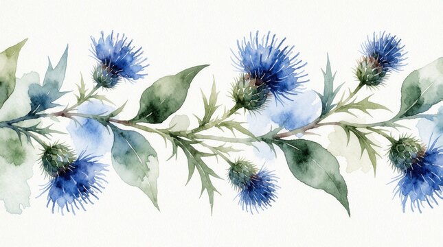 Watercolor blue thistle floral branch border. Delicate purple wildflower blossoms with green leaves on white background. Elegant botanical plant pattern for wedding invitation, greeting card design
