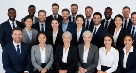 Fototapeta premium Large diverse business team smiles for studio portrait. Many professional office colleagues in formal suits, blazers stand together on white background. Happy corporate employees show teamwork,