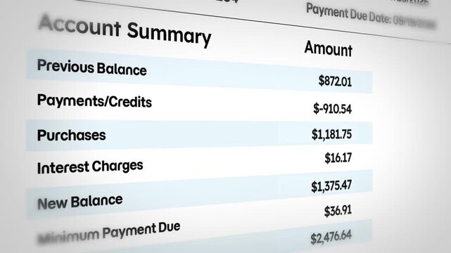 Close up 4k footage of credit card statement showing account summary transactions and due payment details isolated background