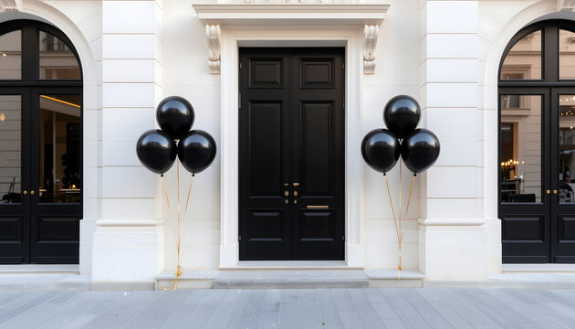 A grand, elegant building facade with a prominent black wooden door and large windows, flanked by symmetrical arrangements of black balloons