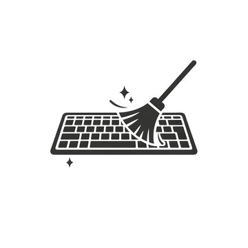 Computer keyboard cleaning and digital maintenance icon. Broom sweeping a black keyboard with sparkle accents for PC hygiene