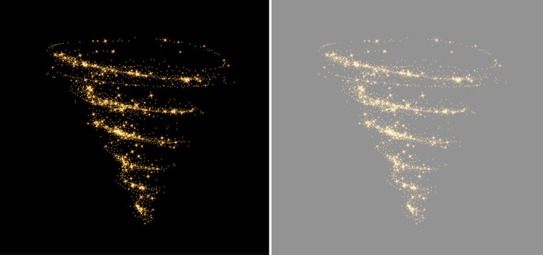 Golden sparkling glitter tornado with swirling luminous particles and shimmering stars, displayed on black and gray backgrounds, PNG.