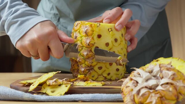Peeling and removing the skin from a fresh pineapple with a kitchen knife