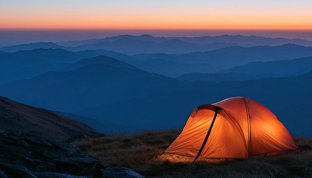 Lit tent glows on a mountain ridge at dusk, silhouetted peaks behind