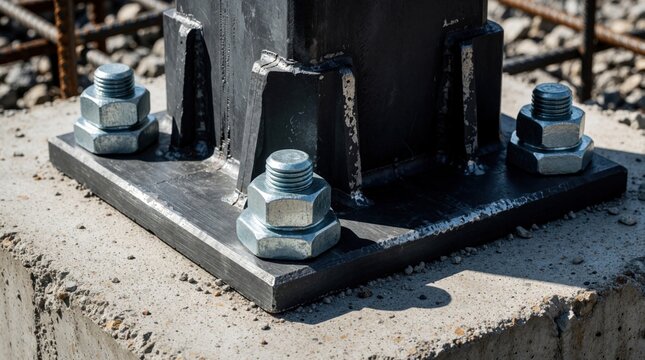 Heavy duty steel post base plate anchor with galvanized bolts securing metal column to concrete foundation. Construction detail shows strength and secure connection.