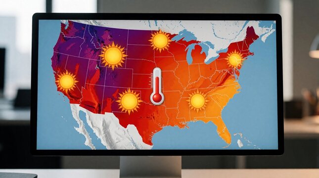 Computer screen shows US map with extreme heatwave forecast. Warm colors and sun icons indicate high temperatures across the nation, with a thermometer graphic.