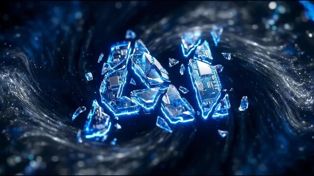 Silver and sapphire AI core fragments representing futuristic technology