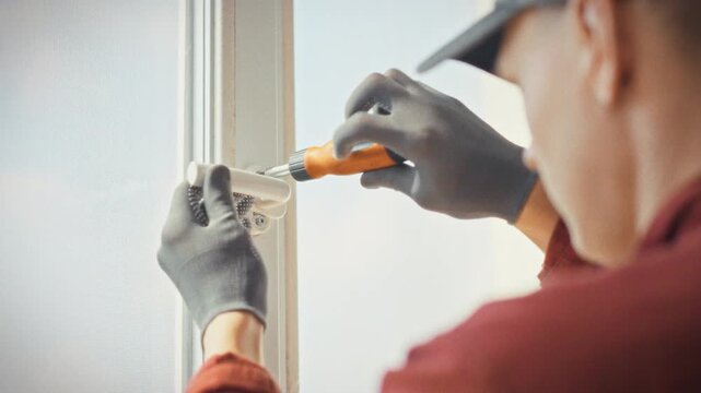 A close-up of a screwdriver and gloved hands adjusting plastic window hardware at home. Concept of independent troubleshooting and DIY repair of plastic windows