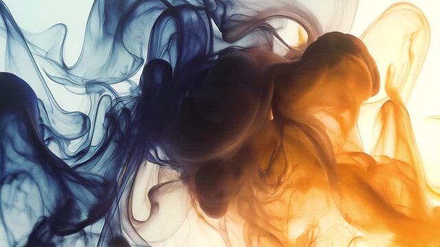 Epic 4k animation of two opposites meeting. Fiery orange and ash blue smoke intertwine in a slow vortex on a light background. A stylish, conceptual background