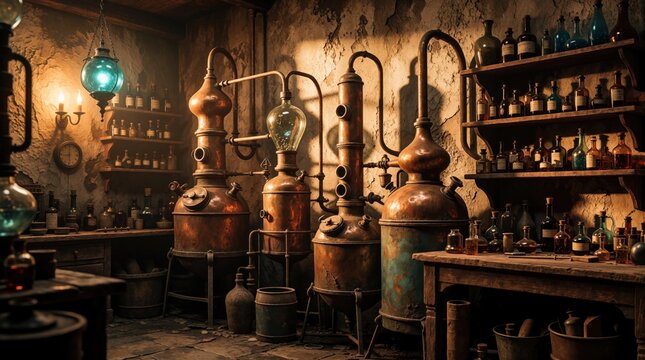 Dimly lit alchemist lab with copper distillation stills. Shelves hold old glass bottles filled with liquids. Rustic antique workshop filled with mysterious science equipment.