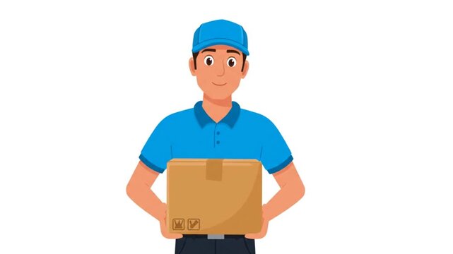 Young delivery person in a blue uniform carrying a cardboard package delivery