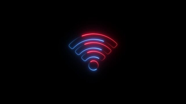 Glowing blue neon wifi symbol with animated signal waves on dark background loop.