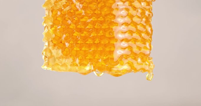 Honey flows through honeycombs and drips. Close-up video of a piece of honeycomb.