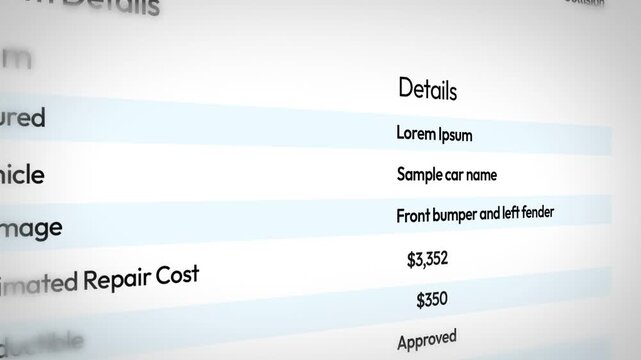Insurance claim report details auto collision damage and repair cost close up 4k footage isolated background design