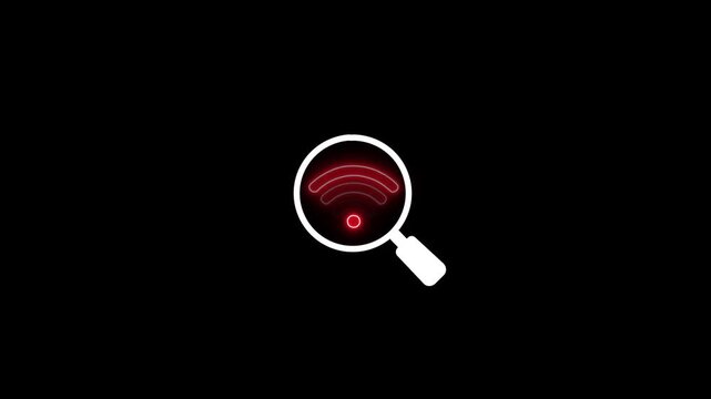Glowing neon magnifying glass icon with wifi signal symbol for network search and internet animation.