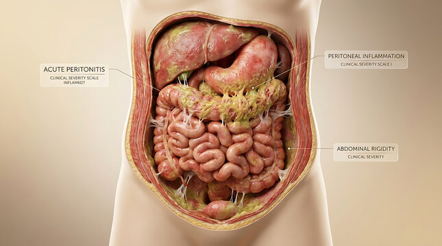 Acute Peritonitis with Severe Peritoneal Inflammation and Purulent Exudate Causing Abdominal Rigidity of Human Peritoneal Anatomy Fibrin Deposition