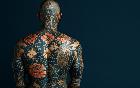 A man with a full back tattoo stands with his back to the camera. The tattoo features flowers and other Japanese-inspired designs.