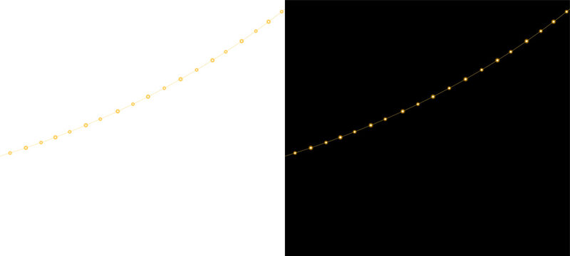 Strings of yellow glowing lights form diagonal curved lines on a black background. The orbs vary in size, emitting a soft luminous glow connected by thin light strands.