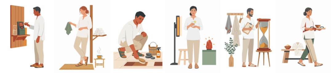 Fototapeta premium Diverse set of people engaging in various wellness and spa activities, focusing on relaxation, self-care, and traditional sauna rituals.