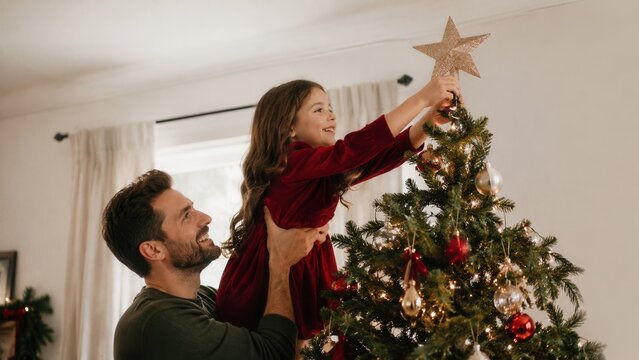 Happy father helping daughter place a gold star on decorated Christmas tree during family holiday