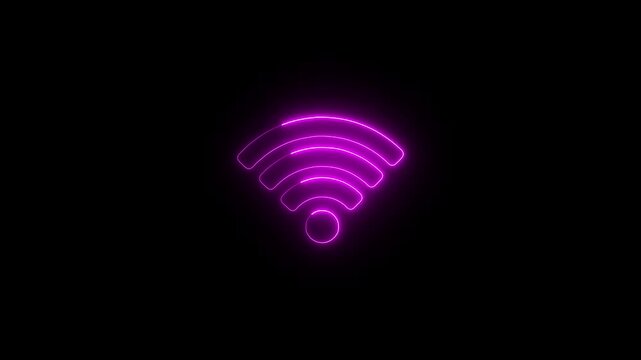 Glowing blue neon wifi symbol with animated signal waves on dark background loop.
