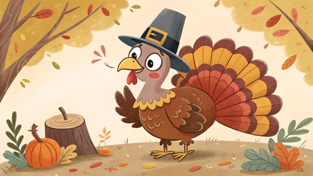 Cartoon turkey wearing a pilgrim hat standing by a pumpkin