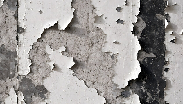 Chipped layers of white paint on old rough concrete wall. Building restoration and industrial urban decay background. Weathered peeling coating exposing dark masonry substrate