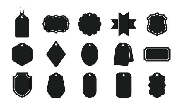 Price tag bundle vector illustration set featuring various blank black labels for retail sales and discount marketing