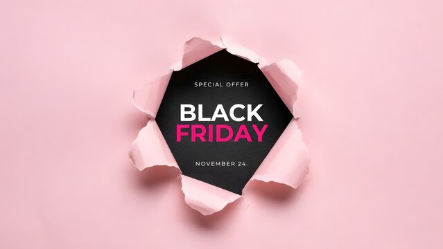 Black Friday special offer poster with torn pink paper. Creative sale banner featuring white and pink typography on a black background hole