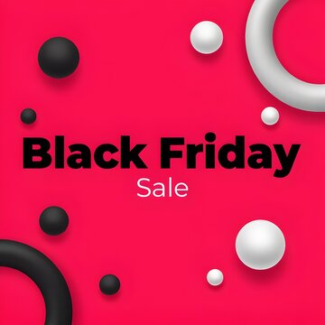Black Friday Sale banner with 3D spheres and torus shapes. Modern abstract geometric background for retail promotion in red black and white colors