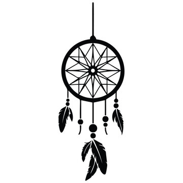 Detailed dreamcatcher vector illustration line art silhouette design with hanging feathers.