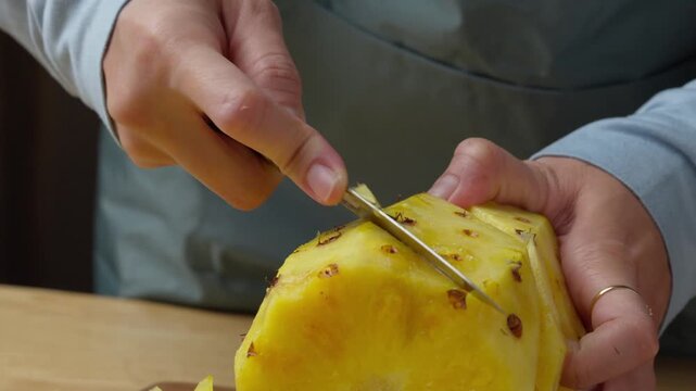 removing the pineapple eyes from a fresh pineapple with a kitchen knife