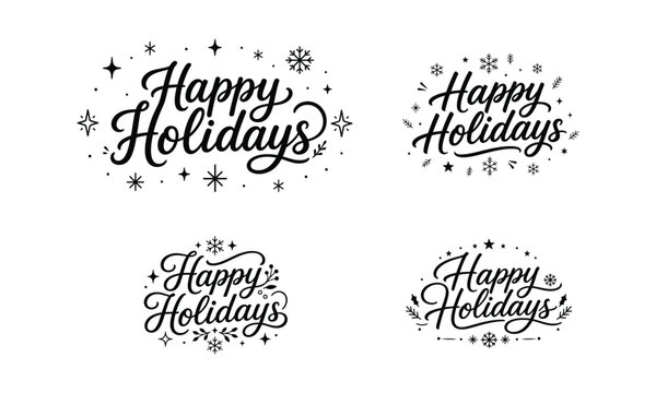 A collection of elegant happy holidays greeting card designs featuring artistic black ink calligraphy and creative decorative ypography styles