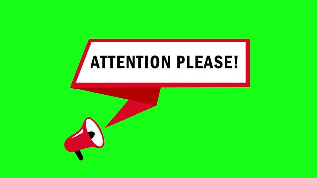 "Attention please" text in a speech bubble emerging from a red megaphone, information concept with a green background, 4K video.
