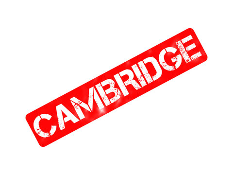 Cambridge red rubber stamp, distressed vintage postal mark, grungy city name ink imprint isolated on white background