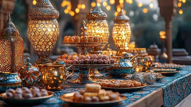 Arabian Sweets Buffet, Festive Lights, Outdoor Setting, Ramadan