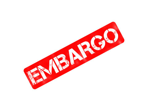 Red embargo rubber stamp icon, distressed grunge embargoed seal, official trade restriction and ban sign isolated on white background