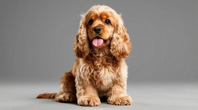 Cute cocker spaniel sits on gray background with pink tongue out. Adorable furry pet dog looks happy, friendly, and playful. Studio portrait captures loyal companion animal.