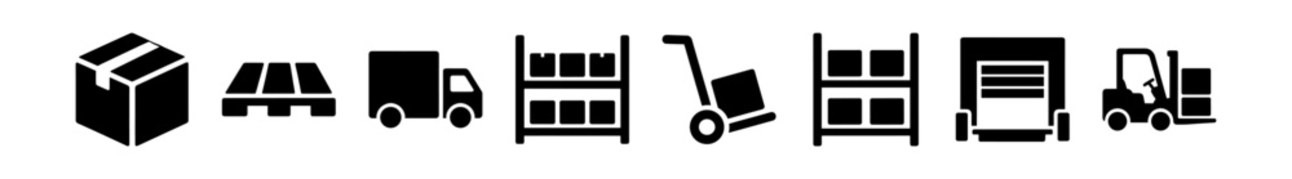 Logistics and warehouse icons set including box, pallet, truck, shelving, hand truck, loading dock, and forklift in black silhouette on transparent background