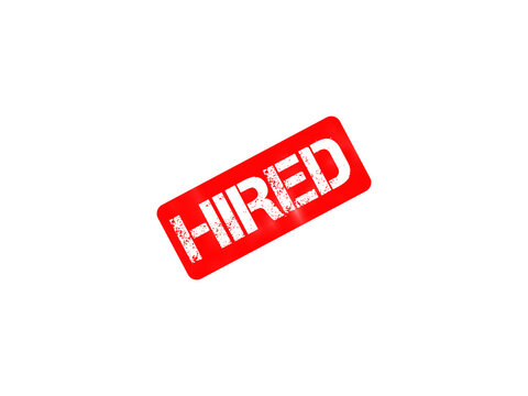 Red hired rubber stamp icon, grunge textured ink imprint on white background, recruitment and employment concept graphic