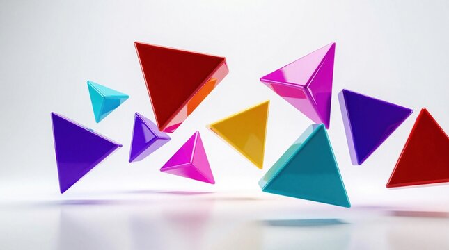 Colorful geometric triangles float in air. Shapes form abstract pattern with dynamic composition. Bright shapes represent ideas, data or goals.