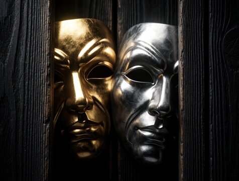 Two theatrical masks, one gold, one silver, peer through dark wooden planks. Dramatic lighting creates contrast, hinting at secrets or disguise behind the rustic wall texture. Mysterious mood.
