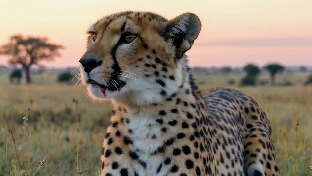Dramatic 4K Ultra HD wildlife shot showing a wild cheetah in Kenya with a blood-stained muzzle turning its head attentively across the savannah grass after a sunrise hunt