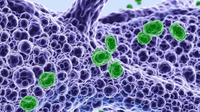 Neuron membrane with several clearly separated serotonin molecules moving slowly nearby