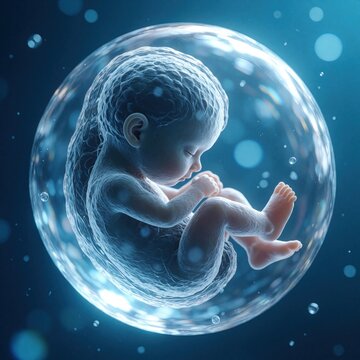 Human fetus develops inside amniotic sac. Early stage life grows, science researches conception and prenatal development in lab. Medical progress aids fertility.