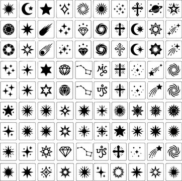 Set of black and white space icons featuring various stars galaxies comets diamonds and religious crosses in a square grid layout