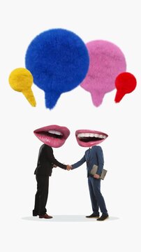 Stop motion collage of business partners shaking hands beneath colorful fuzzy speech bubbles. Concept of deal negotiation, corporate agreement and professional communication.