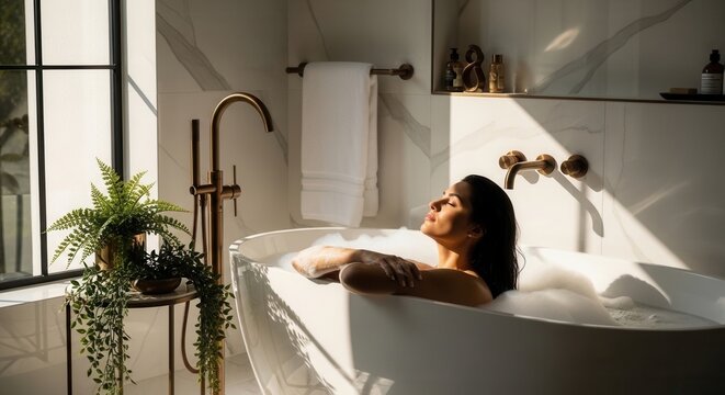 Serene Woman Enjoys A Sunlit Bath In A Modern Luxurious Bathroom