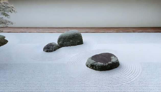 白砂に描く波紋と苔むした石の日本庭園の枯山水