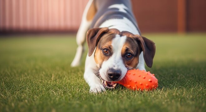 Happy Dog Playtime With Bright Orange Toy In Green Grass Backyard